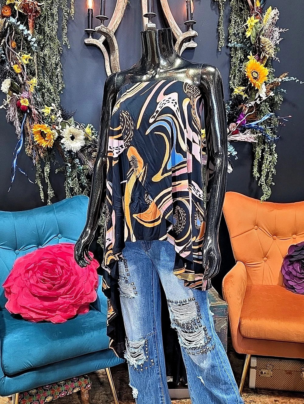 Free People Abstract Print High Low Asymmetrical Blouse